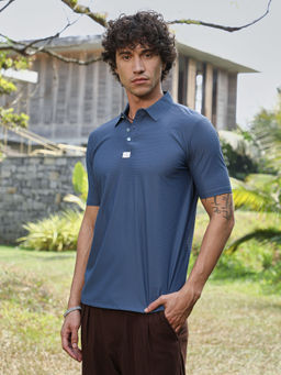 Campus Sutra - Men Aegean Blue Seamless Waffle Polo T-Shirt