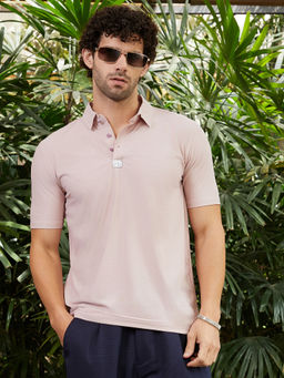 Campus Sutra - Men Baby Pink Seamless Waffle Polo T-Shirt