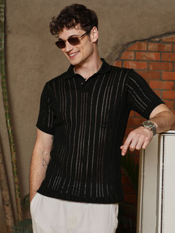 Campus Sutra - Men Obsidian Black Stripe-Textured Polo T-Shirt