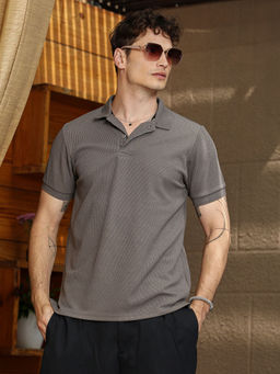 Campus Sutra - Men Ash Brown Chain Link-Ribbed Polo T-Shirt