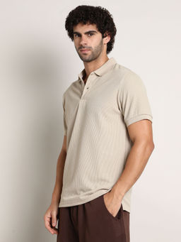 Campus Sutra - Men Saltbox Beige Chain Link-Ribbed Polo T-Shirt