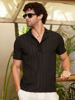 Campus Sutra - Men Onyx Black Wicker-Tactile Polo T-Shirt