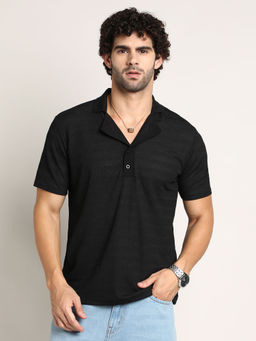 Campus Sutra - Men Onyx Black Panel-Tactile Cuban Polo T-Shirt