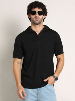 Campus Sutra - Men Onyx Black Tactile Spread Polo T-Shirt