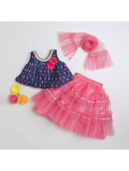 Many Frocks - Sleeveless Pleated Choli And Lehenga With Dupatta - Navy Blue