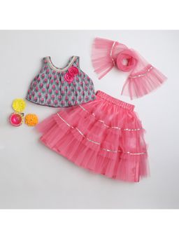 Many Frocks - Sleeveless Pleated Choli And Lehenga With Dupatta - Grey