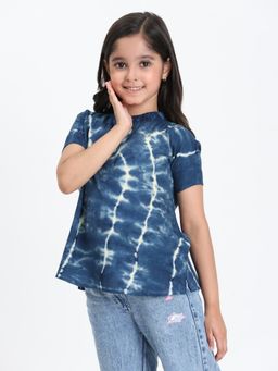 Maaesa - Girls Navy Blue Ombre Tie-Dye Rayon Slub Button-Down Top