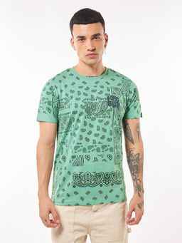 Bewakoof - Men's Granite Green Boho Bud All Over Printed T-shirt