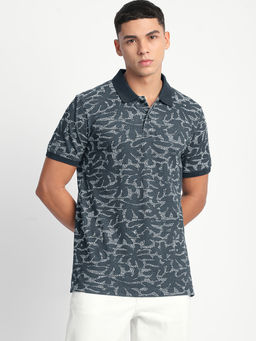 The Bear House - Mens Navy Blue Printed Slim Fit Polo T-Shirt