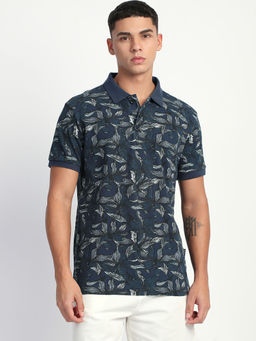 The Bear House - Mens Navy Blue Floral Printed Blue Half Sleeve Polo T-Shirt