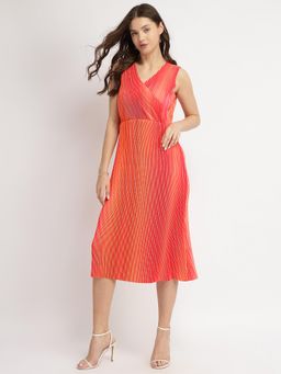 FableStreet - Pleated Ombre Midi Dress - Pink/Orange