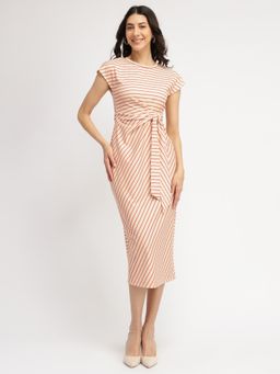 FableStreet - Striped Tie-Up Midi Dress - Cream/Red