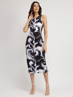 FableStreet - Marble Print Bodycon Midi Dress - Black