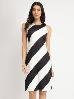 FableStreet - Striped Knit Shift Knee Length Dress - Black and White