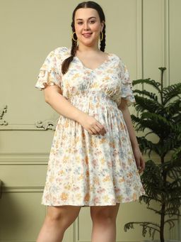 Oxolloxo - Plus Size White Floral Print V-Neck Knee-Length Dress