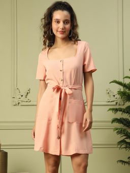 Oxolloxo - Women Peach Button Down Dress With Pocket Detail and Tie Knot Waist Belt (Set of 2)