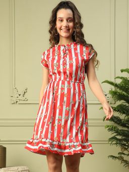 Oxolloxo - Women Red Striped Floral Print Tie-up Mini Dress