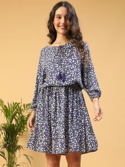 Oxolloxo - Women Blue Floral Print With Tie-up Detail Long Sleeve Knee- Length Dress