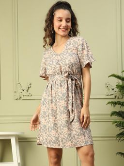 Oxolloxo - Women Beige V-Neck Short Sleeve Wrap Mini Dress With Tie-Knot Belt (Set of 2)