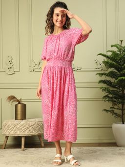 Oxolloxo - Women Pink Animal Print Round Neck Long Midi Dress With Smocking On waist