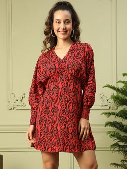 Oxolloxo - Womens Red Animal Print Mini Dress with Gathered Detail on the Side