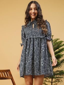 Oxolloxo - Women Blue Keyhole Neck With Tie-Up Detail Mini Dress With Smocking Detail