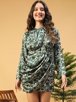 Oxolloxo - Women Green Floral Round Neck Long Sleeve Cut-out Satin Mini Dress With Gathered Detail