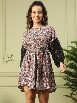 Oxolloxo - Women Multicolor Floral Print Lace Detailed Mini Dress