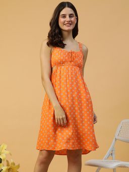 Oxolloxo - Women Orange V-Neck With Tie- Up Detail Sleeveless Cut Out Knee Length Dress