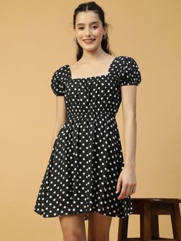 Oxolloxo - Women Black Polka Dot Print Square Neck Elasticated Mini dress
