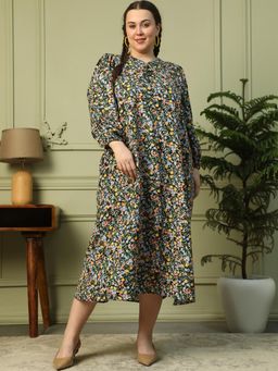 Oxolloxo - Plus Size Floral Print Long Flare Midi Dress With Waist Tie-Up Belt (Set of 2)