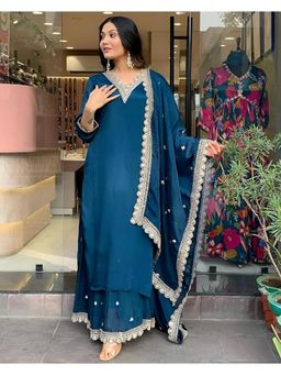 Anveri Textiles - Women Blue Cotton Embroidered Kurta with Sharara and Dupatta