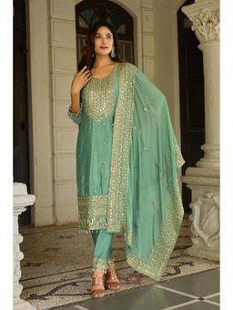 Anveri Textiles - Women Green Art Silk Embroidered Kurta with Pant and Dupatta