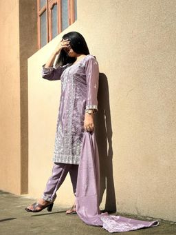 Anveri Textiles - Women Purple Art Silk Embroidered Kurta with Pant and Dupatta
