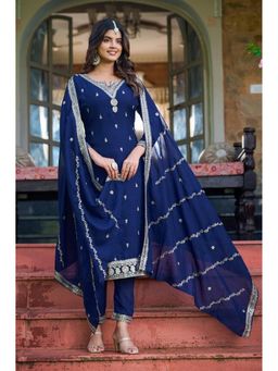 Anveri Textiles - Women Blue Silk Embroidered Kurta with Pant and Dupatta