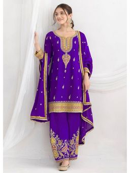 Anveri Textiles - Women Purple Art Silk Embroidered Kurta with Palazzo and Dupatta