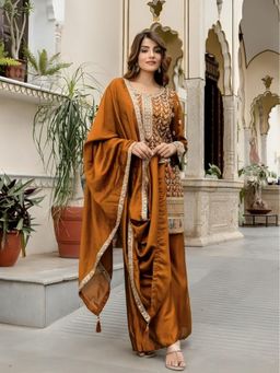 Anveri Textiles - Women Brown Art Silk Embroidered Kurta with Palazzo and Dupatta