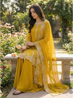 Anveri Textiles - Women Yellow Georgette Embroidered Kurta with Palazzo and Dupatta