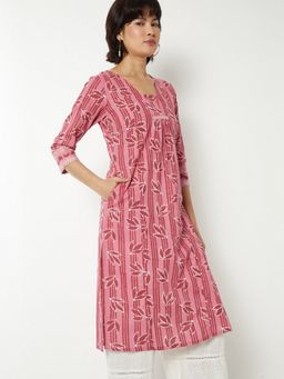 max - Women Pink Cotton Blend Striped Printed Straight Kurta