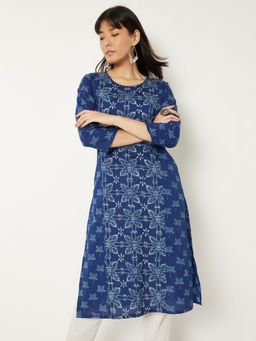 max - Women Blue Cambric Floral Printed Straight Kurta