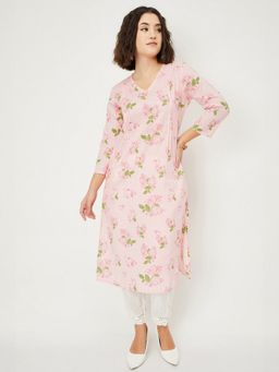 max - Women Floral Print Straight with Pleated Detail Pink Kurta