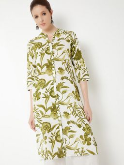 max - Women Green Cotton Blend Floral Printed Straight Kurta