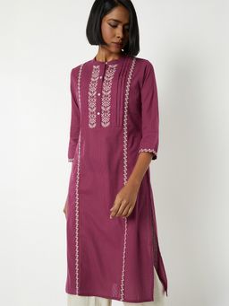 max - Women Embroidered Wine Straight Kurta