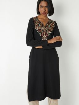 max - Women Knit Straight Winter Black Kurta