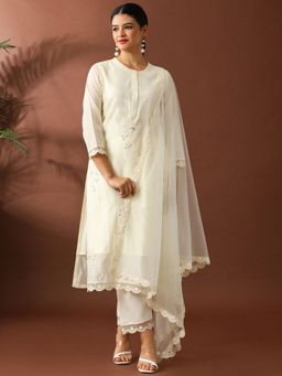 AVANSHEE - Women Off White Chanderi Embroidered Kurta with Pant and Dupatta