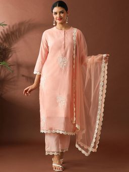 AVANSHEE - Women Peach Chanderi Embroidered Kurta with Pant and Dupatta
