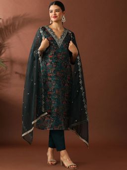 AVANSHEE - Women Green Organza Floral Kurta with Pant and Dupatta