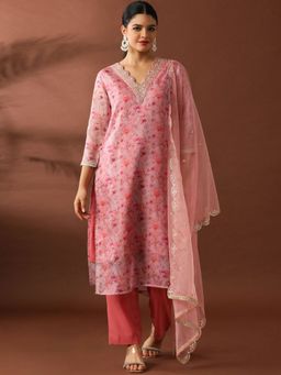 AVANSHEE - Women Pink Organza Floral Kurta with Pant and Dupatta
