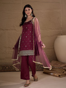 AVANSHEE - Women Maroon Silk Blend Embroidered Kurta with Pant and Dupatta
