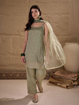 AVANSHEE - Women Olive Silk Blend Embroidered Kurta with Pant and Dupatta